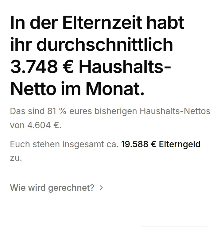 Auswertung im Elterngeld Kompass: 3.748 € Haushalts-Netto (81 % des bisherigen), 19.588 € Elterngeld, dazu der Einkommensverlauf